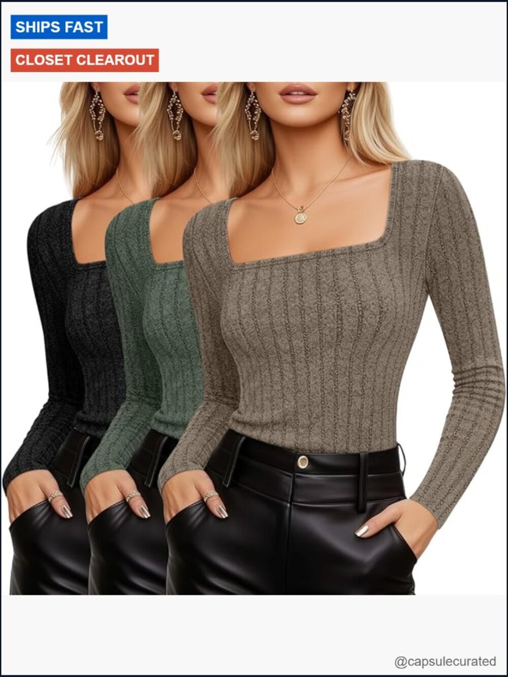 3 Pack Ribbed Square Neck Long Sleeve Pullover Sweaters Slim Fit Lightweight